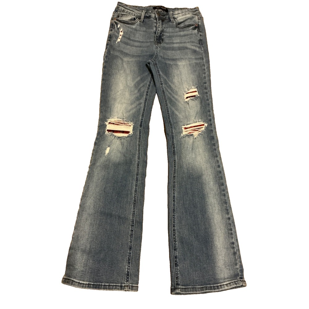Judy Blue Jeans Women's 5/27 Bootcut High Rise Distressed Exposed Red Plaid